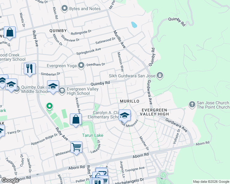 map of restaurants, bars, coffee shops, grocery stores, and more near 3431 Judi Ann Court in San Jose