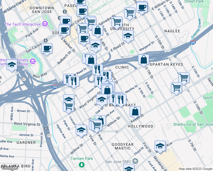 map of restaurants, bars, coffee shops, grocery stores, and more near 795 S 2nd St in San Jose