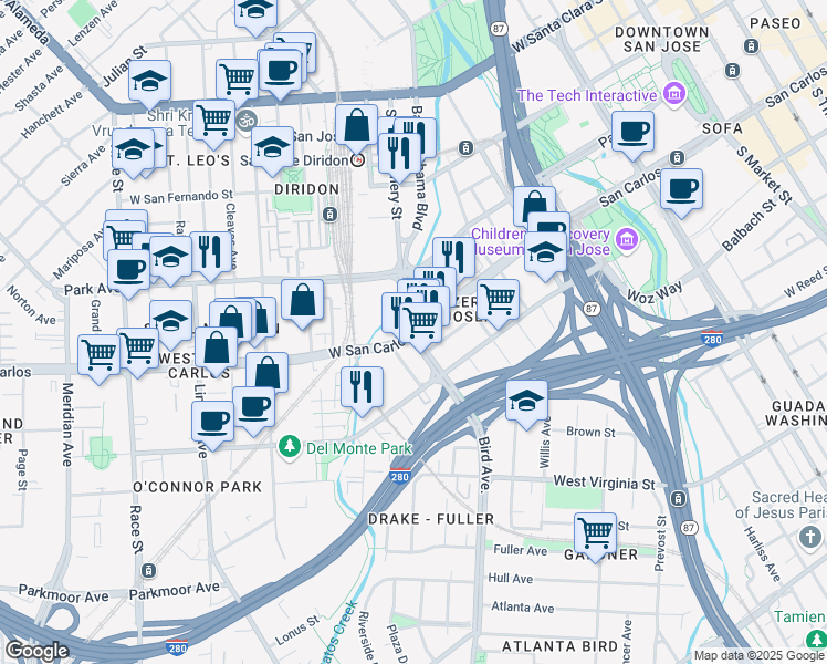 map of restaurants, bars, coffee shops, grocery stores, and more near 300 Bird Avenue in San Jose