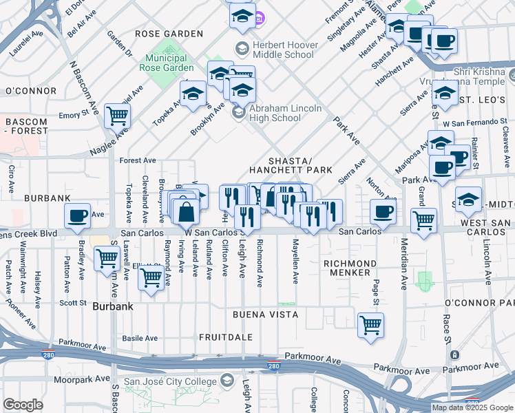 map of restaurants, bars, coffee shops, grocery stores, and more near 1725 Martin Avenue in San Jose
