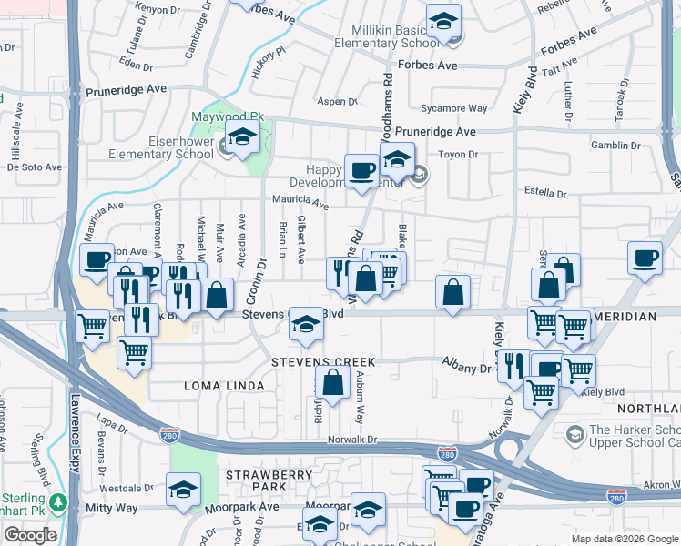 map of restaurants, bars, coffee shops, grocery stores, and more near 82 Woodhams Road in Santa Clara