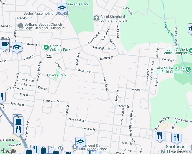 map of restaurants, bars, coffee shops, grocery stores, and more near 1424 Blue Ridge Road in Cape Girardeau