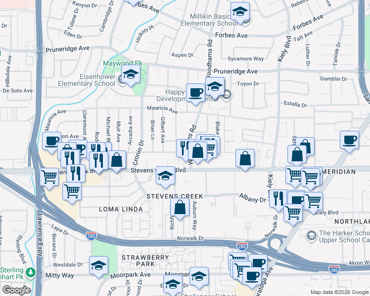 map of restaurants, bars, coffee shops, grocery stores, and more near 82 Woodhams Road in Santa Clara