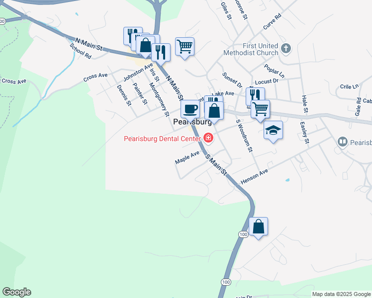 map of restaurants, bars, coffee shops, grocery stores, and more near 408 Church Avenue in Pearisburg