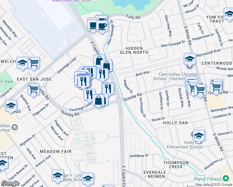 map of restaurants, bars, coffee shops, grocery stores, and more near 365 Capitol Expressway in San Jose