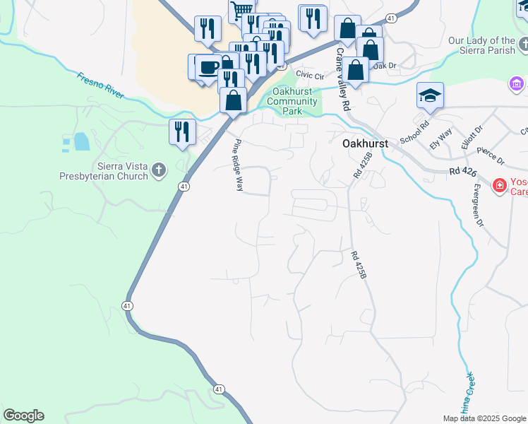 map of restaurants, bars, coffee shops, grocery stores, and more near 39775 Pine Ridge Road in Oakhurst