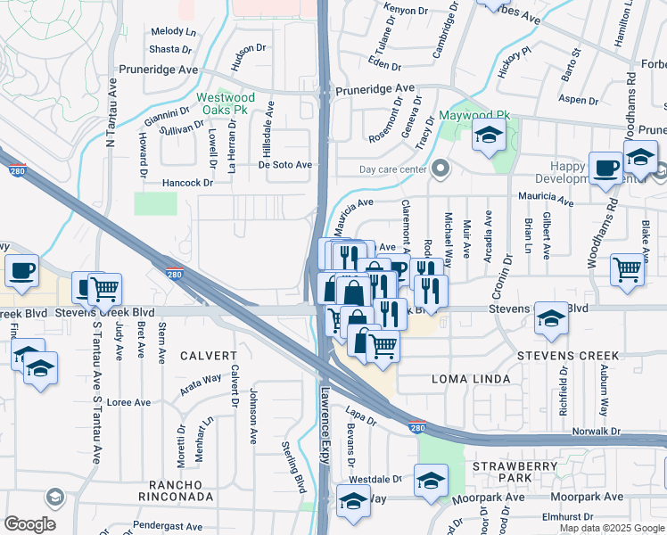 map of restaurants, bars, coffee shops, grocery stores, and more near 3592 Mauricia Ave in Santa Clara