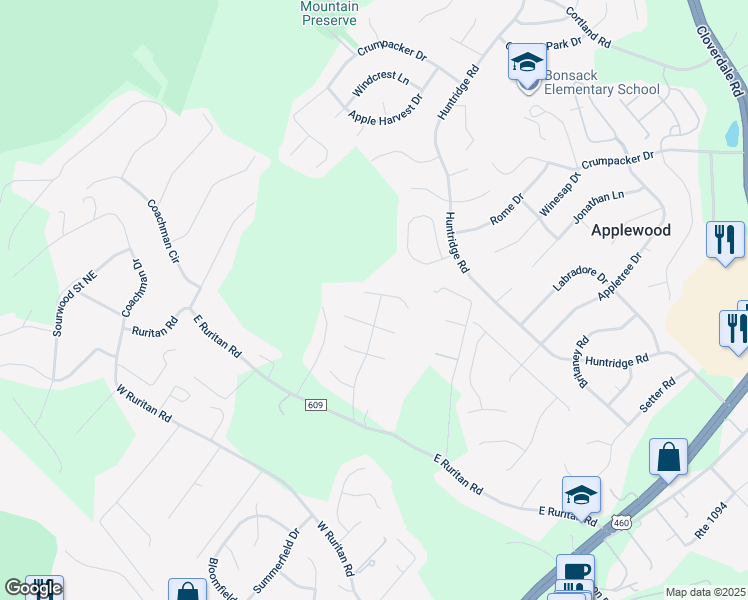map of restaurants, bars, coffee shops, grocery stores, and more near 3004 Windrush Lane in Roanoke