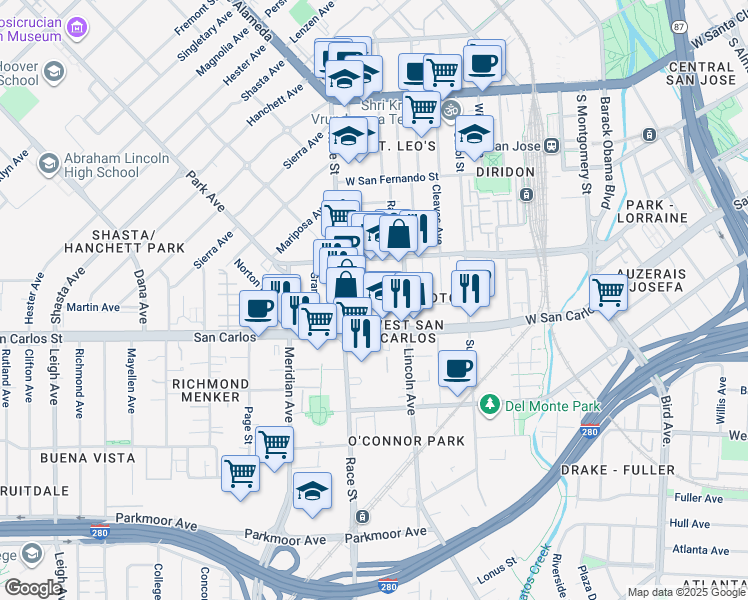 map of restaurants, bars, coffee shops, grocery stores, and more near 1105 San Carlos in San Jose