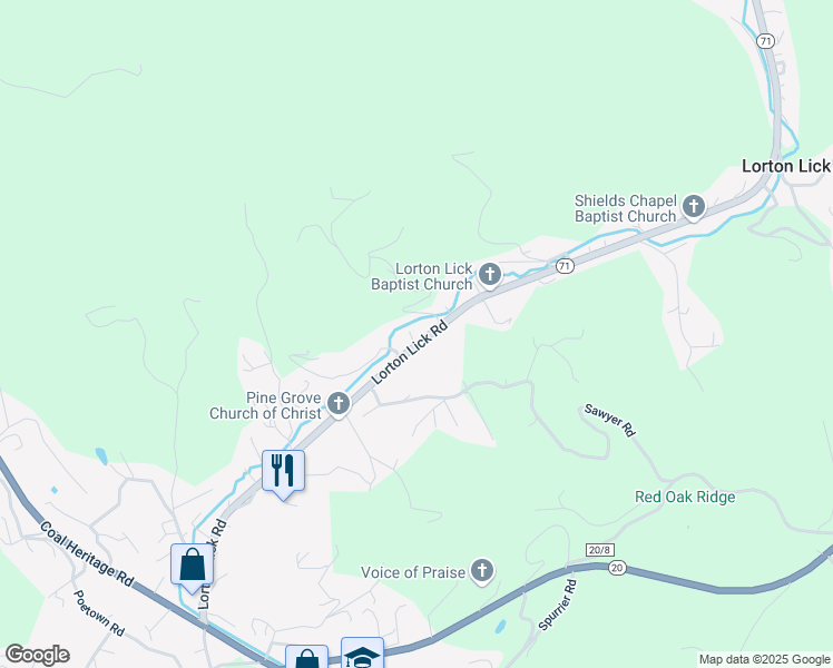 map of restaurants, bars, coffee shops, grocery stores, and more near Lorton Lick Road in Bluefield