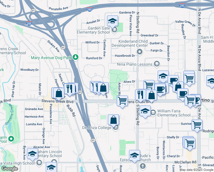 map of restaurants, bars, coffee shops, grocery stores, and more near 10110 Parkwood Drive in Cupertino