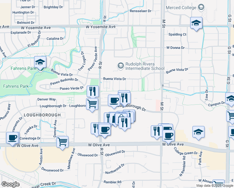 map of restaurants, bars, coffee shops, grocery stores, and more near 1033 Loughborough Drive in Merced