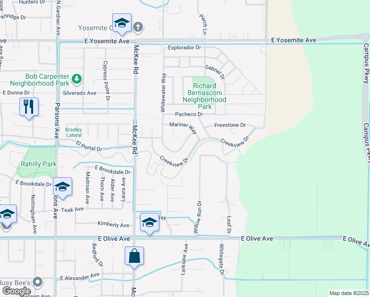 map of restaurants, bars, coffee shops, grocery stores, and more near 2364 River Rock Drive in Merced