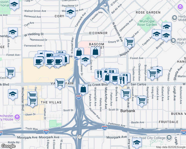 map of restaurants, bars, coffee shops, grocery stores, and more near 2516 Bailey Avenue in San Jose