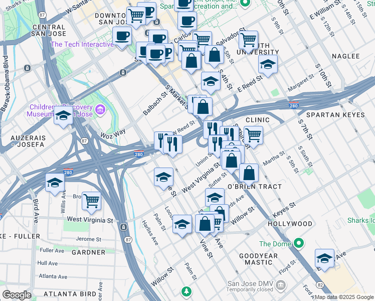 map of restaurants, bars, coffee shops, grocery stores, and more near 109 Duane Street in San Jose