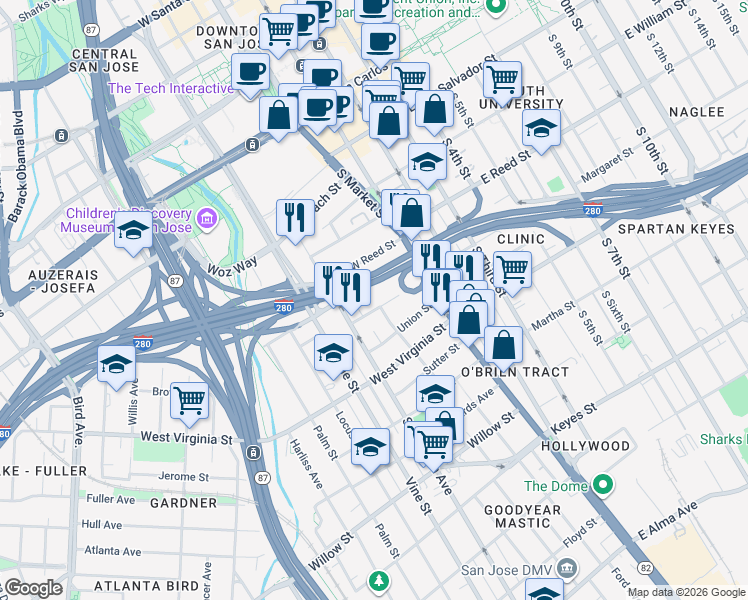 map of restaurants, bars, coffee shops, grocery stores, and more near 155 Duane Street in San Jose