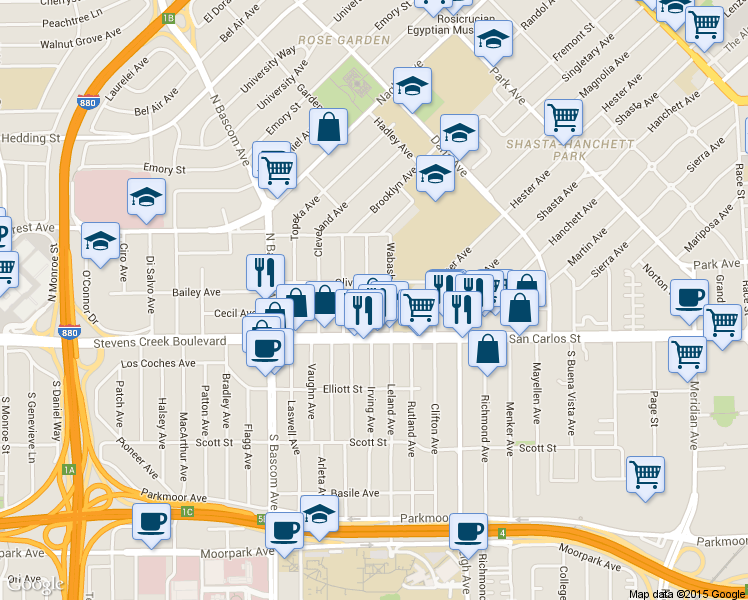 map of restaurants, bars, coffee shops, grocery stores, and more near 30 Boston Avenue in San Jose