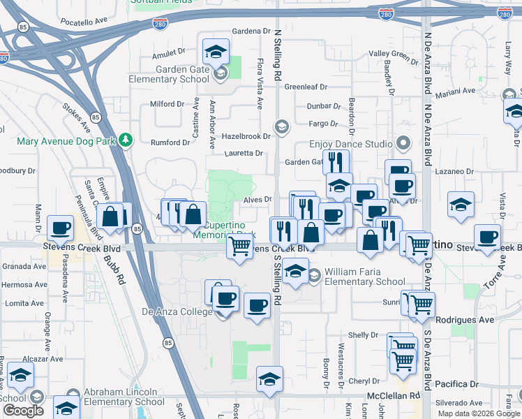 map of restaurants, bars, coffee shops, grocery stores, and more near 10093 Senate Way in Cupertino