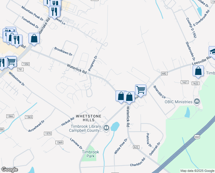 map of restaurants, bars, coffee shops, grocery stores, and more near 2548 Waterlick Road in Lynchburg