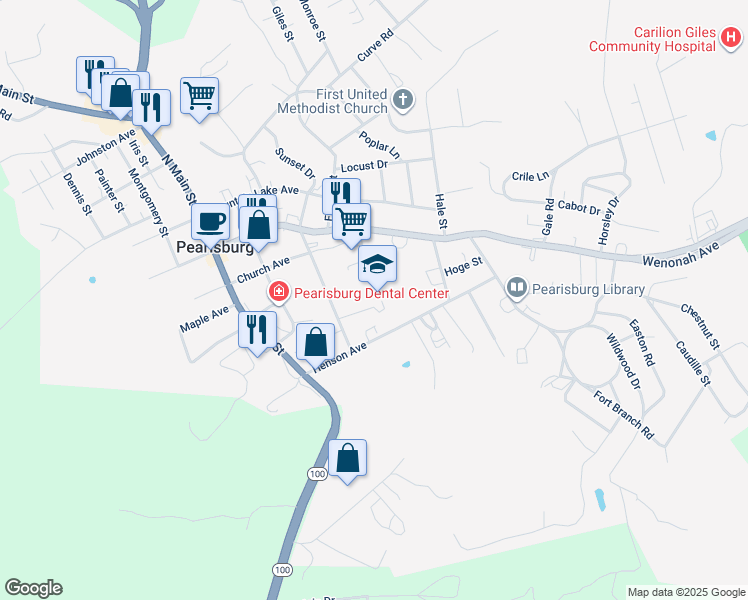 map of restaurants, bars, coffee shops, grocery stores, and more near 1001 Henson Avenue in Pearisburg
