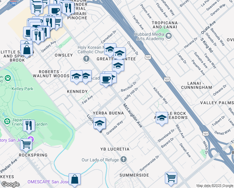map of restaurants, bars, coffee shops, grocery stores, and more near McLaughlin Avenue & Bacchus Drive in San Jose
