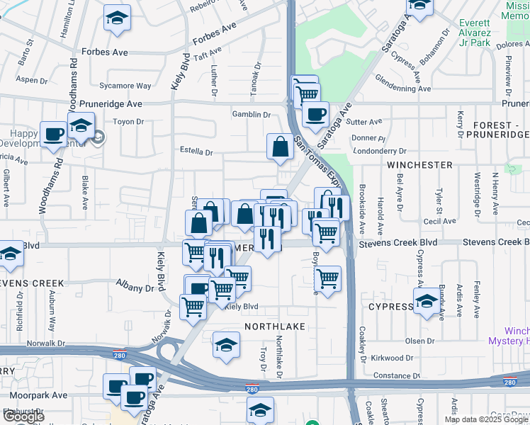 map of restaurants, bars, coffee shops, grocery stores, and more near 70 Saratoga Avenue in Santa Clara