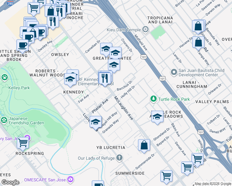 map of restaurants, bars, coffee shops, grocery stores, and more near 1804 McLaughlin Avenue in San Jose