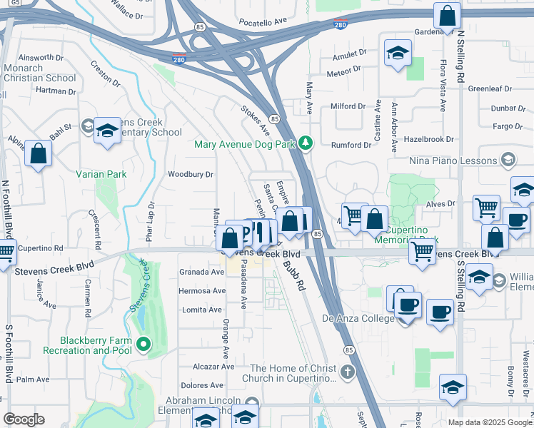 map of restaurants, bars, coffee shops, grocery stores, and more near 10134 Peninsula Avenue in Cupertino