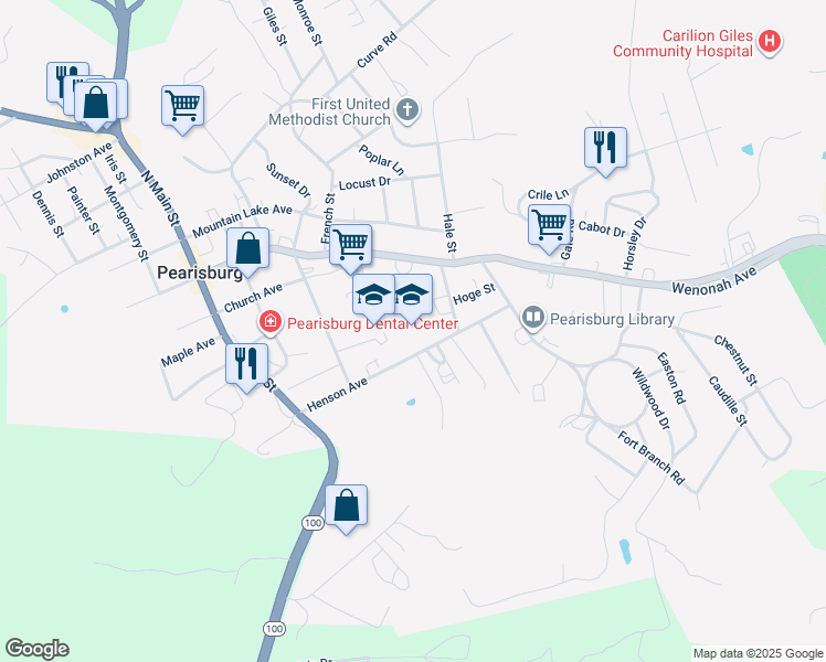 map of restaurants, bars, coffee shops, grocery stores, and more near 1001 Henson Avenue in Pearisburg