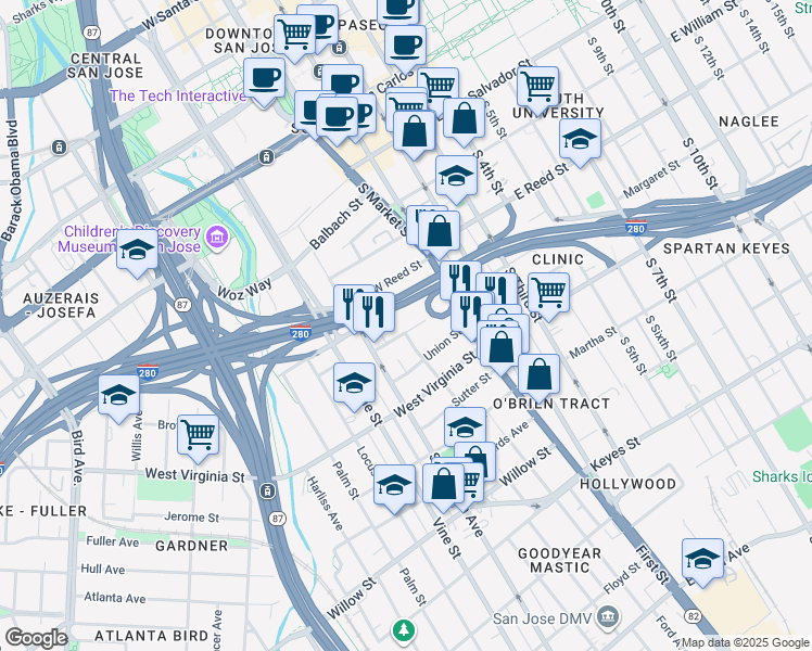 map of restaurants, bars, coffee shops, grocery stores, and more near 109 Duane Street in San Jose