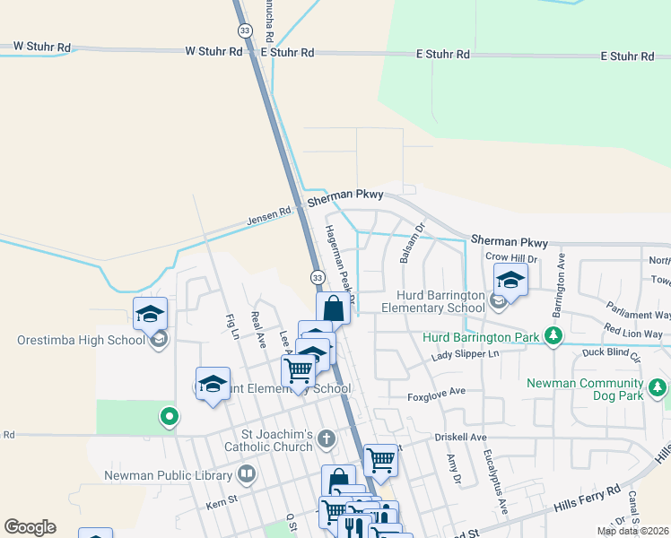 map of restaurants, bars, coffee shops, grocery stores, and more near 770 Hagerman Peak Drive in Newman
