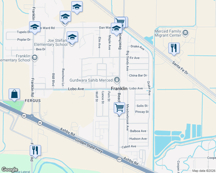 map of restaurants, bars, coffee shops, grocery stores, and more near 2510 Peppertree Drive in Merced