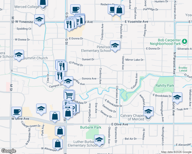 map of restaurants, bars, coffee shops, grocery stores, and more near 568 Sonora Avenue in Merced