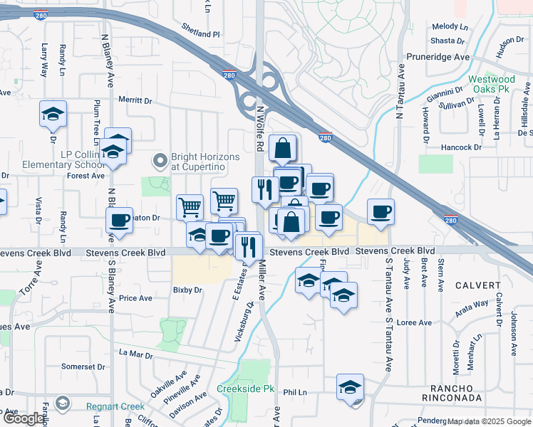 map of restaurants, bars, coffee shops, grocery stores, and more near 10088 North Wolfe Road in Cupertino