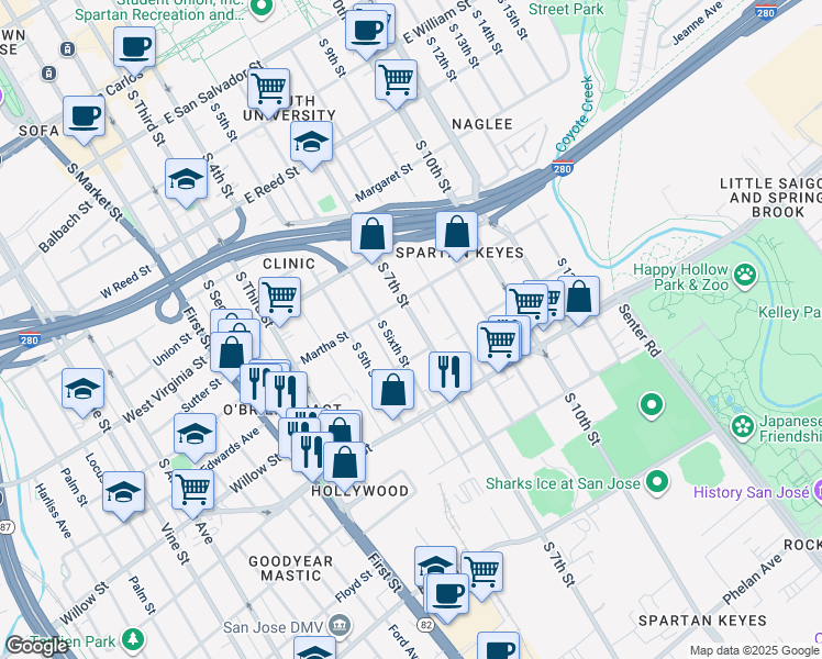 map of restaurants, bars, coffee shops, grocery stores, and more near 975 South 7th Street in San Jose