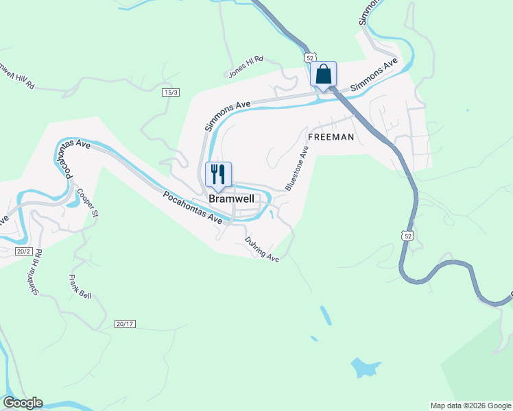 map of restaurants, bars, coffee shops, grocery stores, and more near Rose St in Bluefield