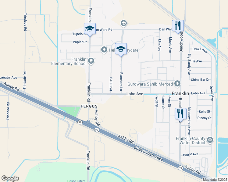 map of restaurants, bars, coffee shops, grocery stores, and more near 2531 Ranchero Lane in Merced