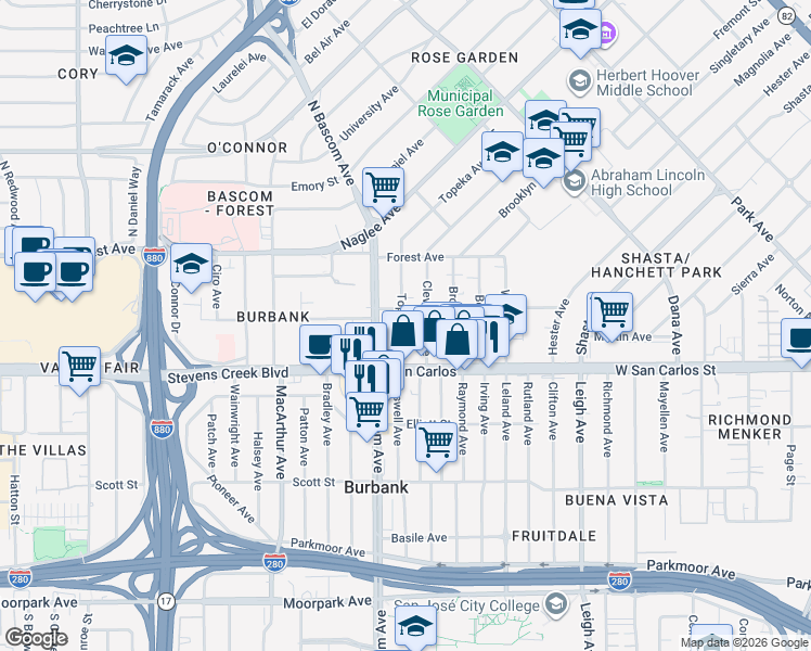 map of restaurants, bars, coffee shops, grocery stores, and more near 70 Topeka Avenue in San Jose