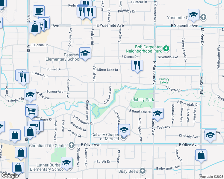 map of restaurants, bars, coffee shops, grocery stores, and more near 3338 Columbia Avenue in Merced