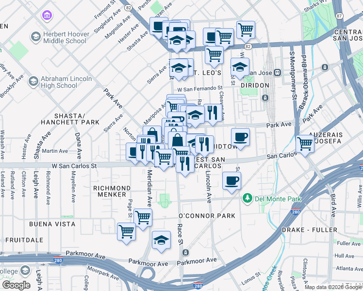 map of restaurants, bars, coffee shops, grocery stores, and more near 1014 Pacific Avenue in San Jose