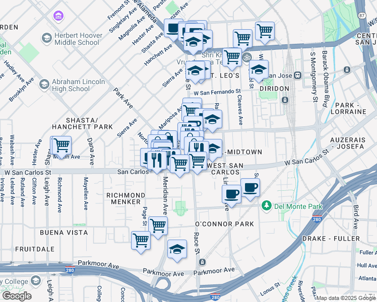map of restaurants, bars, coffee shops, grocery stores, and more near 270 Grand Avenue in San Jose