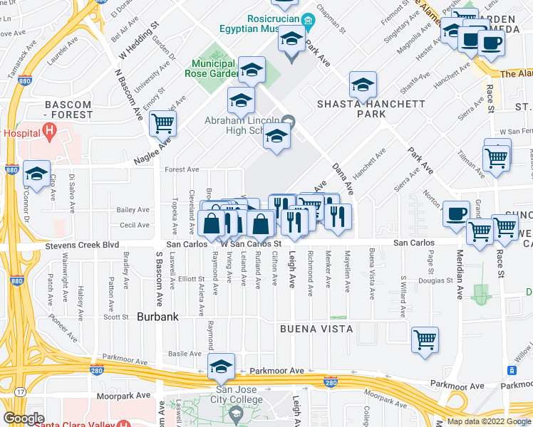 map of restaurants, bars, coffee shops, grocery stores, and more near 1771 Hester Avenue in San Jose