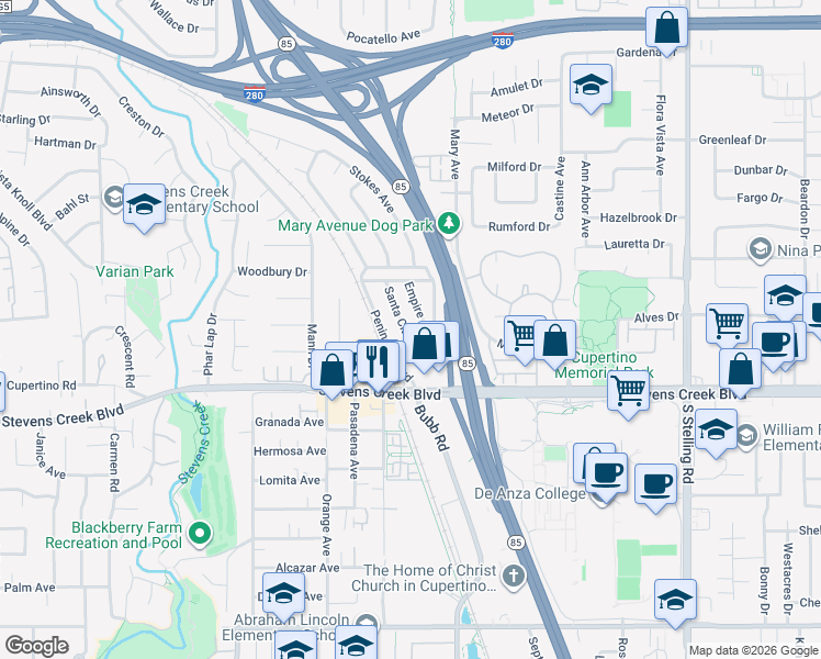 map of restaurants, bars, coffee shops, grocery stores, and more near 10106 Santa Clara Avenue in Cupertino