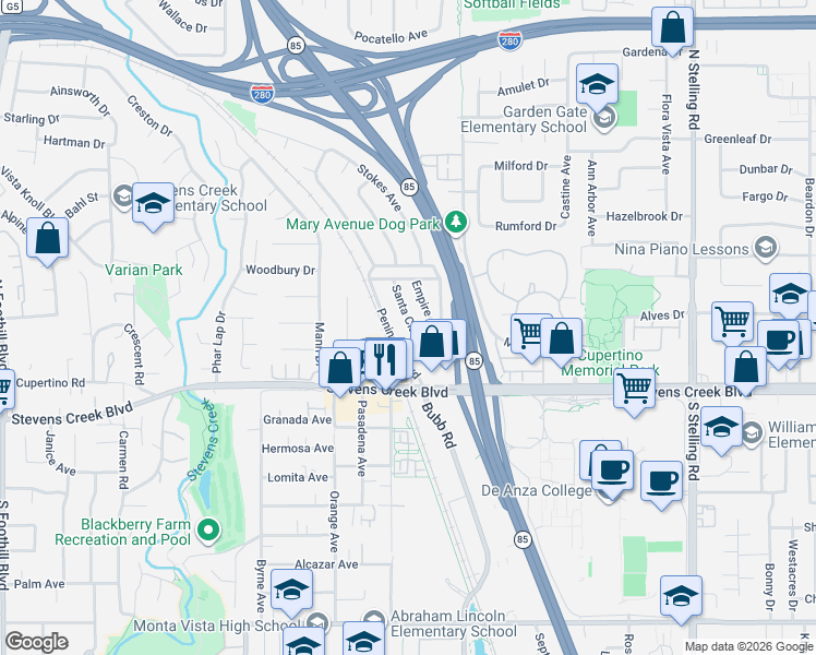 map of restaurants, bars, coffee shops, grocery stores, and more near 10106 Santa Clara Avenue in Cupertino