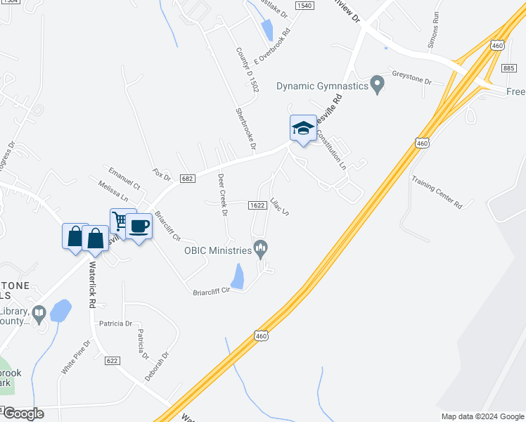 map of restaurants, bars, coffee shops, grocery stores, and more near 220 Lilac Lane in Lynchburg
