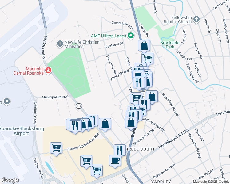 map of restaurants, bars, coffee shops, grocery stores, and more near 5510 Littleton Road in Roanoke