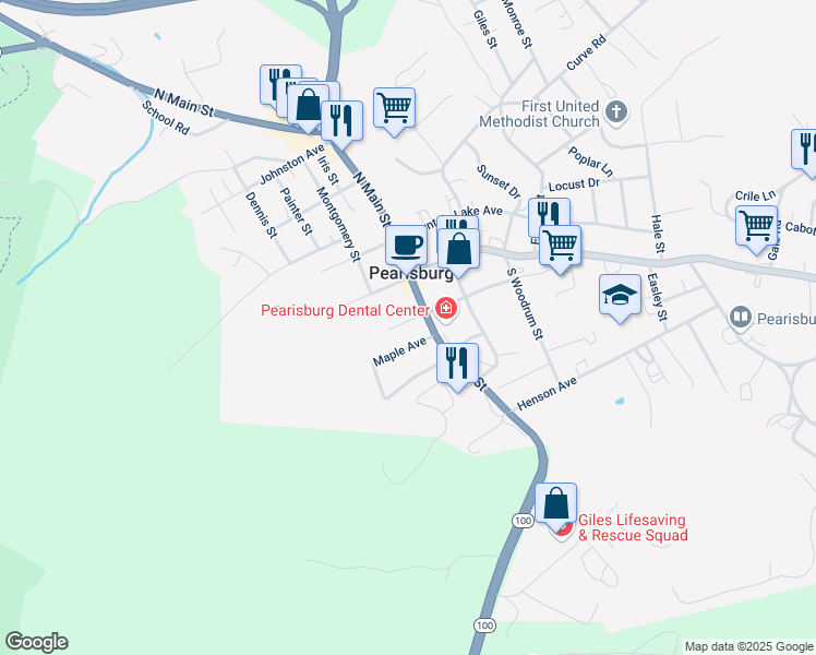 map of restaurants, bars, coffee shops, grocery stores, and more near 405 Maple Avenue in Pearisburg