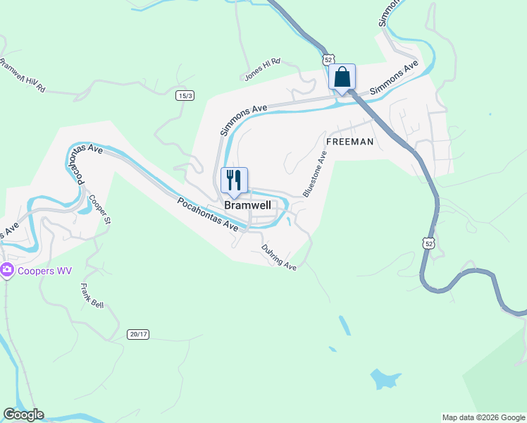 map of restaurants, bars, coffee shops, grocery stores, and more near Rose St in Bluefield