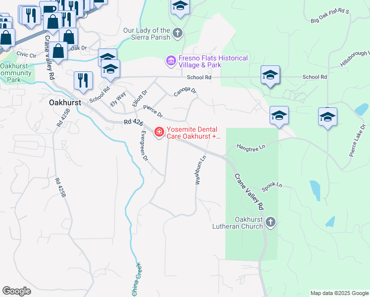map of restaurants, bars, coffee shops, grocery stores, and more near 49832 Road 426 in Oakhurst