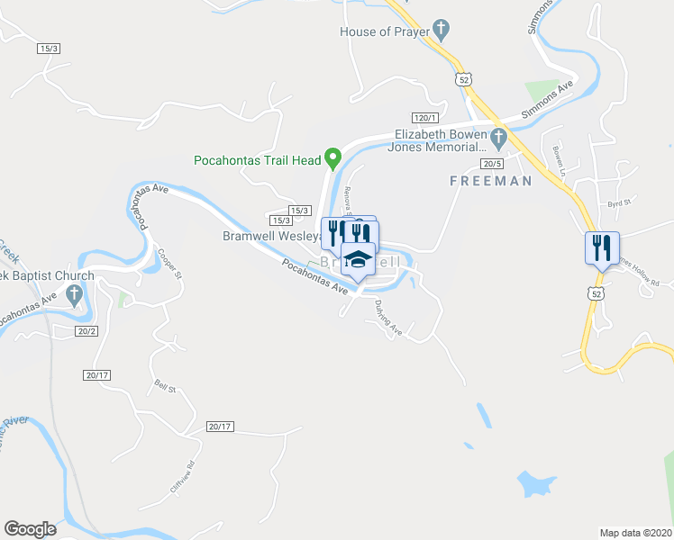 map of restaurants, bars, coffee shops, grocery stores, and more near 106 South River Street in Bramwell